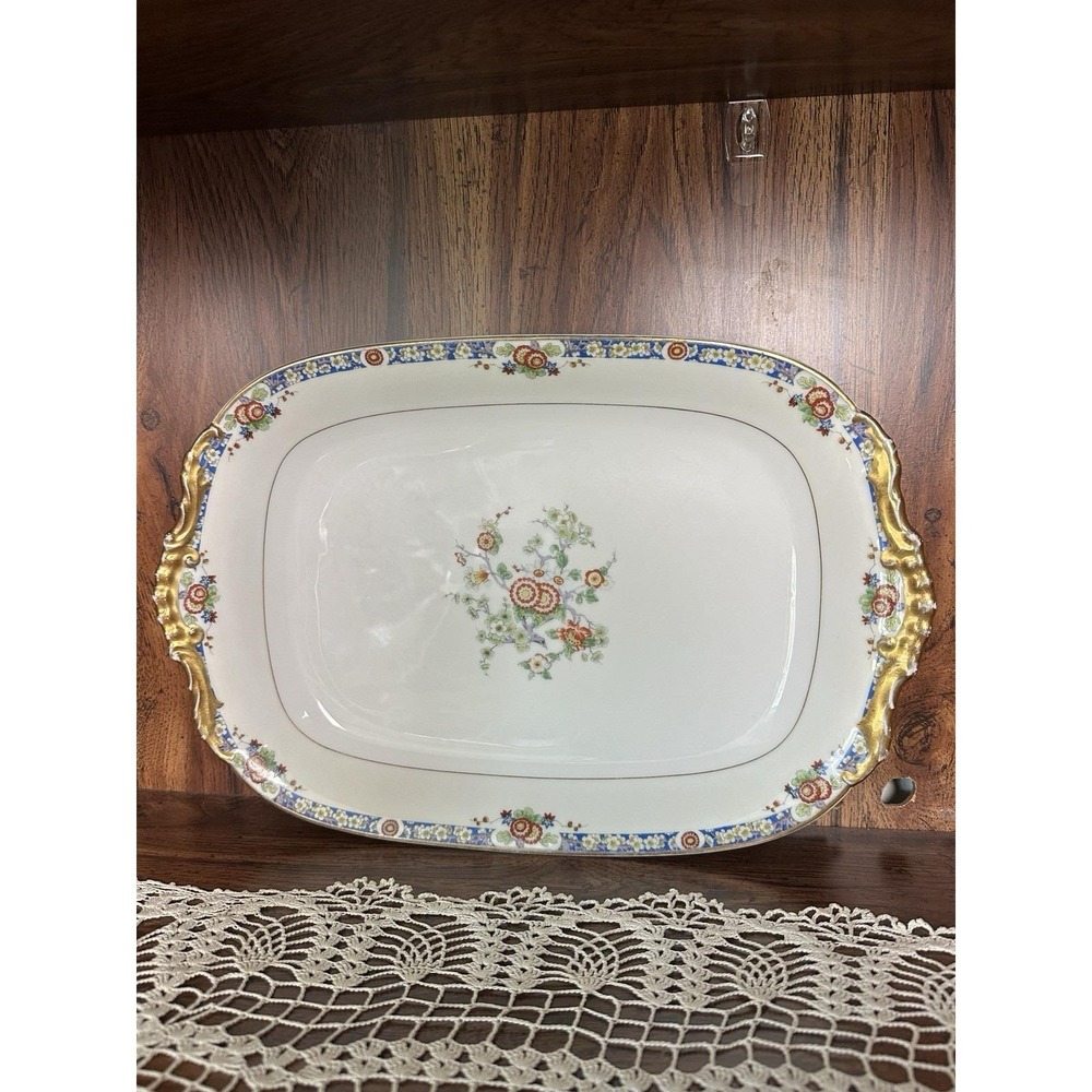Antique Limoges Vignaud Porcelain Oval Serving Platter | Floral Gold Trim Tray